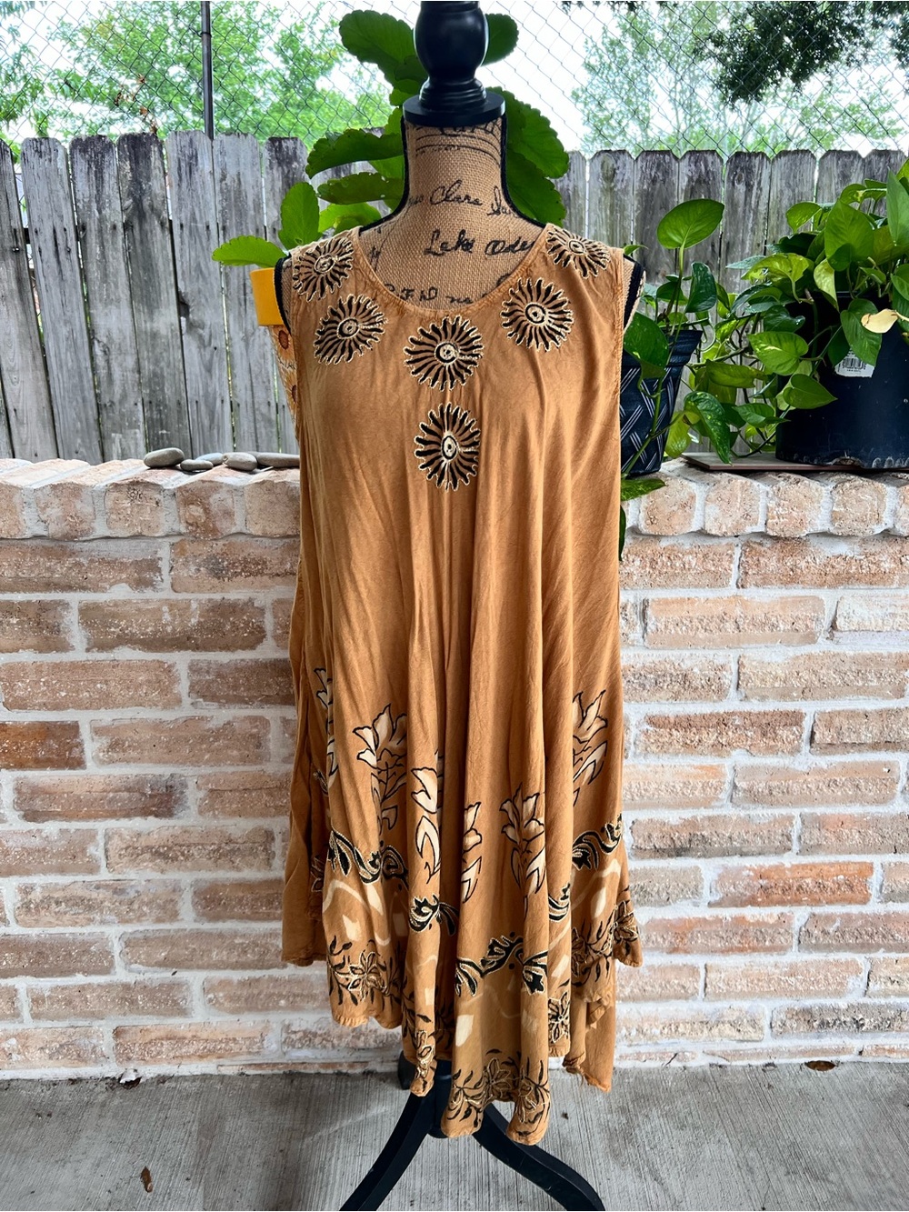 Boho Embroidered Sunburst Swing Dress in Camel - Picture 2 of 3